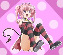 Rule 34 | amida desuyo, covering crotch, covering privates, detached sleeves, dress, fang, long hair, nana asta deviluke, open mouth, pink hair, purple eyes, shoes, sitting, smile, solo, striped clothes, striped thighhighs, tail, thighhighs, to love-ru, twintails