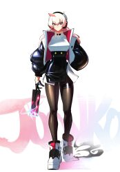 Rule 34 | 1girl, absurdres, black gloves, black jacket, card, full body, gloves, half gloves, hand in pocket, headphones, highres, holding, holding card, jacket, looking at viewer, low twintails, lyuka, open clothes, open jacket, original, pantyhose, pink hair, red eyes, shiny clothes, shoes, sneakers, solo, standing, twintails, walking, white background