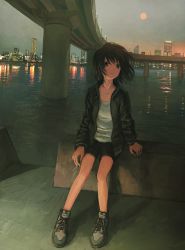 Rule 34 | 1girl, arm support, bare legs, bay, black eyes, black hair, black jacket, black shorts, building, cigarette, city, city lights, cityscape, closed mouth, expressionless, full body, full moon, highres, highway, holding, holding cigarette, jacket, long sleeves, looking at viewer, moon, open clothes, open jacket, original, outdoors, pier, shirt, shoes, short hair, short shorts, shorts, sitting, sneakers, solo, tokunaga akimasa, water, white shirt