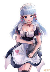 Rule 34 | 1girl, :d, alternate costume, alternate hairstyle, apron, artist name, ayaka (genshin impact), black thighhighs, blue eyes, blue hair, blunt bangs, blush, breasts, choker, cleavage, dated, enmaided, flower knot, garter straps, genshin impact, hair ribbon, heart, heart print, highres, holding, holding tray, light blue hair, long hair, looking at viewer, maid, maid apron, maid headdress, medium breasts, mole, mole under eye, neck ribbon, ohbuya, open mouth, red ribbon, ribbon, short sleeves, smile, solo, thighhighs, tray, tress ribbon, white background