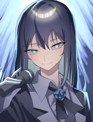 Rule 34 | 1girl, absurdres, ado (utaite), black bow, black bowtie, black jacket, blue eyes, blue hair, blue shirt, blush, bow, bowtie, chando (ado), closed mouth, collared shirt, commentary, formal, gloves, hair between eyes, highres, holding, holding microphone, jacket, long hair, looking at viewer, microphone, niconico, shirt, smile, solo, tsukuno tsuki, upper body, utaite, white gloves