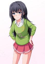 Rule 34 | 1girl, black hair, blue eyes, closed mouth, collared shirt, cowboy shot, green sweater, hands on own hips, highres, konoyan, long hair, long sleeves, pink skirt, pleated skirt, shirt, simple background, skirt, sleeves rolled up, solo, standing, sweater, thighs, tsurumi rumi, white background, white shirt, yahari ore no seishun lovecome wa machigatteiru.