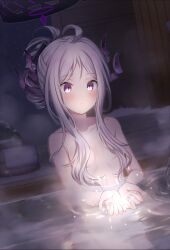 Rule 34 | 1girl, ahoge, blue archive, blurry, blurry background, blush, breasts, collarbone, commentary request, cupping hands, depth of field, grey hair, hair censor, hair over breasts, halo, hands up, hina (blue archive), holding water, horns, long hair, mashiro aa, night, night sky, nude, outdoors, own hands together, parted bangs, parted lips, partially submerged, purple eyes, sky, small breasts, solo, star (sky), starry sky, water