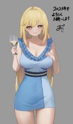 Rule 34 | 1girl, alternate costume, blonde hair, blue dress, breast suppress, breasts, cleavage, closed mouth, commentary request, cowboy shot, cup, dress, frilled dress, frills, grey background, hand on own chest, highres, holding, holding cup, large breasts, long hair, looking at viewer, pepeo, shokuhou misaki, short dress, smile, solo, star-shaped pupils, star (symbol), symbol-shaped pupils, toaru kagaku no mental out, toaru kagaku no railgun, toaru majutsu no index, two-tone dress, yellow eyes