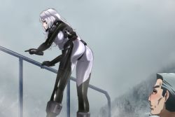 Rule 34 | 1boy, 1girl, :d, = =, against railing, armor, ass, bent over, blood, blue eyes, blush, bodysuit, breasts, closed eyes, covered erect nipples, eyebrows, fog, from below, from side, genya (genya67), gloves, grey hair, grin, highres, impossible bodysuit, impossible clothes, large breasts, leaning forward, legs apart, light purple hair, long hair, looking at another, looking back, muv-luv, muv-luv alternative, nose blush, nosebleed, open mouth, outdoors, outstretched arms, pilot suit, pine tree, pointing, profile, railing, schwarzesmarken, shiny clothes, short hair, sideburns, skin tight, smile, solo focus, standing, sylwia krzasinska, thick eyebrows, tree, wavy hair
