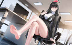 Rule 34 | 1girl, absurdres, bare legs, barefoot, black hair, black halo, black jacket, black nails, black skirt, blue archive, blunt bangs, breasts, bright pupils, chair, crossed legs, feet, foot out of frame, hair between eyes, hair ornament, hair over shoulder, hairclip, halo, hand on own chest, highres, id card, indoors, jacket, large breasts, legs, long hair, looking at viewer, monitor, nail polish, office chair, on chair, parted lips, pleated skirt, red eyes, red halo, ribbed sweater, rio (blue archive), shutter shades, signature, sitting, skirt, soles, solo, stardust (chen&#039;ai weiding), sweater, swivel chair, thighs, toenail polish, toenails, toes, turtleneck, turtleneck sweater, very long hair, white pupils, white sweater