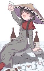 Rule 34 | 1girl, ajirogasa, alcohol, black hair, blush, bottle, braid, breasts, capelet, closed eyes, earlobes, hat, headwear request, highres, long earlobes, long hair, open mouth, red capelet, rock, sake, sake bottle, satomachi, sitting, sky, small breasts, snow, snowman, socks, solo, toasting (gesture), touhou, twin braids, white background, yatadera narumi