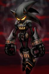 Rule 34 | claws, flames, furnace (sonic.exe), hedgehog ears, highres, joints, looking at viewer, mecha sonic, mechanical arms, mechanical legs, mechanical parts, metal sonic, nooby, robot, robot joints, smoke, smoking, sonic.exe, sonic (series)