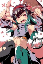 Rule 34 | 1girl, alternate costume, anger vein, armpits, black hair, blue hair, blue thighhighs, blunt bangs, blush, boned meat, crop top, cross, demon girl, demon horns, demon tail, detached sleeves, fake horns, feet out of frame, flat chest, food, grey shirt, grey skirt, grey sleeves, grey thighhighs, hairband, highres, holding, holding food, horns, long hair, looking at viewer, meat, medium bangs, mismatched thighhighs, multicolored hair, nanashi inc., nantyu-a, open mouth, pointy ears, red eyes, red hairband, shirt, shishio chris, sitting, skirt, solo, tail, thighhighs, two-tone hair, virtual youtuber