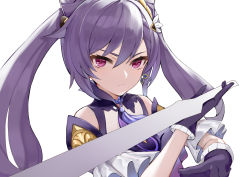 Rule 34 | 1girl, absurdres, cone hair bun, double bun, dress, earrings, frilled sleeves, frills, genshin impact, gloves, hair bun, hair ornament, half-closed eyes, highres, holding, holding sword, holding weapon, jewelry, keqing (genshin impact), looking at viewer, purple eyes, purple hair, simple background, solo, sword, twintails, weapon, white background, zhourues