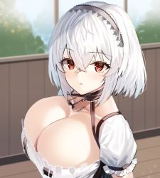 Rule 34 | 1girl, azur lane, breasts, commentary request, grey hairband, hair between eyes, hairband, large breasts, looking at viewer, puffy short sleeves, puffy sleeves, red eyes, shirt, short hair, short sleeves, sirius (azur lane), solo, suminagashi, upper body, white hair, white shirt