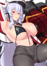 Rule 34 | 1girl, arm support, aster crowley, azur lane, bikini, breasts, cleavage, cleft of venus, closed mouth, commentary request, covered erect nipples, crossed bangs, flower, fur trim, graf zeppelin (azur lane), graf zeppelin (beachside urd) (azur lane), hair between eyes, hair flower, hair ornament, hand up, head tilt, highres, jacket, jacket on shoulders, large breasts, long hair, looking at viewer, navel, pantyhose, red eyes, sidelocks, silver hair, simple background, solo, swimsuit, thighs, very long hair