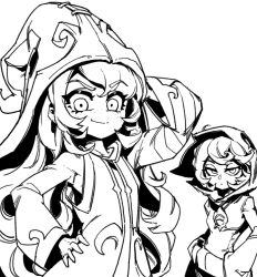 Rule 34 | 2girls, alternate ears, alternate earwear, arm up, breasts, closed mouth, dress, freckles, grey background, greyscale, hand on own hip, hat, hood, hood up, hoodie, humanization, league of legends, long hair, long sleeves, looking at viewer, lulu (league of legends), monochrome, multiple girls, phantom ix row, short hair, simple background, small breasts, smile, swept bangs, vex (league of legends), wide sleeves, witch hat