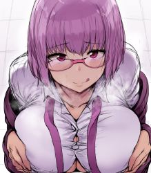 Rule 34 | 10s, 1boy, 1girl, breasts, glasses, gridman universe, hetero, hews, highres, huge breasts, light purple hair, looking at viewer, paizuri, paizuri under clothes, pov, shinjou akane, solo focus, ssss.gridman, tongue, tongue out