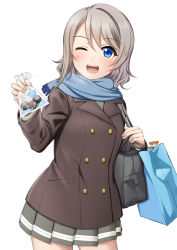 Rule 34 | 1girl, ;d, bag, black coat, blue eyes, blue scarf, breath, chocolate, coat, commentary request, cowboy shot, double-breasted, grey hair, grey skirt, holding strap, long sleeves, looking at viewer, love live!, love live! sunshine!!, miniskirt, one eye closed, open mouth, pleated skirt, scarf, school bag, shopping bag, short hair, simple background, skirt, smile, solo, suzume miku, valentine, watanabe you, white background, winter clothes