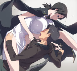 Rule 34 | 10s, 1boy, 1girl, akira (coffee curry), assertive female, black hair, blue eyes, blush, breast smother, breasts, china dress, chinese clothes, devil survivor 2, dress, from side, grey eyes, hetero, highres, huge breasts, jacket, jacket on shoulders, kanno fumi, devil survivor, pelvic curtain, revision, short hair, short twintails, sleeveless, sleeveless dress, twintails
