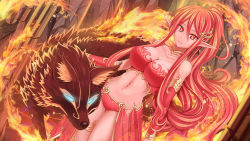 Rule 34 | 1girl, bad arm, breasts, cleavage, colored skin, crystalline, detached sleeves, dutch angle, familiar, fire, fire spirit (crystalline), fox, gorget, hair ornament, hairclip, harem outfit, highres, impossible clothes, large breasts, long hair, midriff, navel, pink hair, pink skin, pointy ears, ponytail, red eyes, red hair, see-through, sidelocks, smile, sunimu, underbust, very long hair