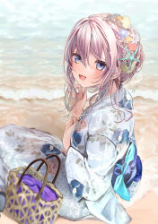 Rule 34 | 1girl, :d, bag, beach, blue eyes, blue hair, blush, commentary request, day, floral print, grey kimono, hair between eyes, highres, japanese clothes, kimono, long sleeves, looking at viewer, looking back, multicolored hair, on ground, open mouth, original, outdoors, pink hair, print kimono, puracotte, sitting, smile, solo, star (symbol), starfish, streaked hair, water, wide sleeves