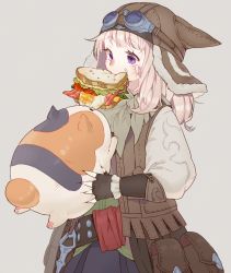 Rule 34 | 10s, 1girl, animal, animal hat, bandaid, bandaid on face, belt, black gloves, calico, cat, cat hat, eating, facial mark, fat cat (ff14), final fantasy, final fantasy xiv, fingerless gloves, food, food in mouth, food on face, gloves, goggles, goggles on headwear, hat, holding, holding animal, long hair, miqo&#039;te, mouth hold, pouch, purple eyes, sandwich, scratches, vest, wagashi (goma dango), warrior of light (ff14), white hair