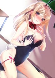 Rule 34 | 1girl, animal ears, black leotard, blonde hair, bow, bowtie, breasts, chalkboard, cleavage, commentary request, detached collar, drop.b, dutch angle, fake animal ears, highres, large breasts, leotard, long hair, original, playboy bunny, rabbit ears, rabbit tail, red bow, red bowtie, red eyes, sitting, solo, tail, two side up, wariza, wrist cuffs