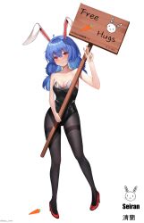 Rule 34 | 1girl, absurdres, alternate costume, animal ears, black leotard, black pantyhose, blue hair, blush, breasts, carrot, character name, cleavage, closed mouth, commentary request, dobostorte, free hugs, full body, hair between eyes, high heels, highres, holding, holding sign, leotard, long hair, looking at viewer, low twintails, medium bangs, medium breasts, pantyhose, pigeon-toed, playboy bunny, rabbit ears, rabbit girl, red eyes, seiran (touhou), sign, simple background, smile, solo, standing, strapless, strapless leotard, touhou, twintails, v, white background