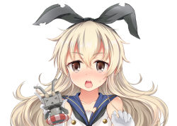 Rule 34 | &gt; &lt;, 10s, 1girl, black eyes, blonde hair, blush, closed eyes, gloves, hairband, jianren, kantai collection, lifebuoy, long hair, looking at viewer, open mouth, personification, rensouhou-chan, shimakaze (kancolle), simple background, swim ring, white background, white gloves