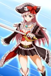 Rule 34 | 10s, 1girl, belt, boots, bow, breasts, captain liliana, cleavage, frills, hat, highres, jolly roger, long hair, midriff, pink hair, pirate hat, pleated skirt, queen&#039;s blade, queen&#039;s blade rebellion, sekitaku, skirt, skull and crossed swords, smile, solo, sword, weapon