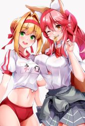 Rule 34 | 2girls, ahoge, animal ear fluff, animal ears, blonde hair, blush, braid, breasts, buruma, clothes around waist, collared shirt, dress shirt, fate/extra, fate/grand order, fate (series), fox ears, fox girl, fox tail, french braid, green eyes, grey skirt, grin, gym uniform, hair between eyes, hair bun, hair intakes, headband, highres, large breasts, long hair, looking at viewer, midriff, mouth hold, multiple girls, name tag, navel, nero claudius (fate), nero claudius (fate) (all), nero claudius (fate/extra), nero claudius (olympian bloomers) (fate), official alternate costume, one eye closed, pink hair, plaid, plaid skirt, red headband, sezok, shirt, shirt tucked in, short sleeves, sidelocks, single hair bun, skirt, smile, sweater, sweater around waist, tail, tamamo (fate), tamamo no mae (fate/extra), tied shirt, twintails, white shirt, yellow eyes