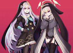Rule 34 | 2girls, :d, absurdly long hair, alternate costume, arknights, black dress, black gloves, black thighhighs, blue archive, commentary request, cosplay, costume switch, crossover, dress, flareza, garter straps, gloves, grey background, habit, hair between eyes, halo, highres, long hair, long sleeves, looking at another, looking at viewer, multiple girls, nun, open mouth, pelvic curtain, purple eyes, red background, red eyes, sakurako (blue archive), sakurako (blue archive) (cosplay), school uniform, serafuku, side slit, sidelocks, simple background, smile, specter (arknights), specter (arknights) (cosplay), thighhighs, trait connection, very long hair, zettai ryouiki