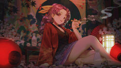 Rule 34 | 1girl, absurdres, arm support, barefoot, blush, breasts, cleavage, commentary request, congming lan, hair ribbon, hand up, highres, holding, holding smoking pipe, indoors, kiseru, knee up, komakusa sannyo, lantern, long hair, looking at viewer, medium breasts, oiran, parted bangs, parted lips, ponytail, purple hair, red eyes, red robe, ribbon, robe, sitting, smile, smoke, smoking pipe, solo, tapestry, toes, touhou, yellow ribbon