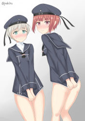 Rule 34 | 10s, 2girls, 3:, 3:&lt;, beret, blue eyes, blush, brown eyes, brown hair, clothes writing, covering privates, covering ass, covering crotch, dress, dress tug, embarrassed, hat, kantai collection, looking at viewer, looking back, multiple girls, no panties, open mouth, sailor collar, sailor dress, sailor hat, short hair, silver hair, sweatdrop, twitter username, v-shaped eyebrows, yukito (yukito05171229), z1 leberecht maass (kancolle), z3 max schultz (kancolle)