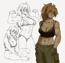 Rule 34 | 1girl, abs, bikini, blonde hair, blue eyes, blush, breasts, cargo pants, cleavage, crossed legs, dorohedoro, flexing, gutalalaman, hands in pockets, highres, large breasts, lingerie, looking to the side, muscular, muscular female, nikaidou (dorohedoro), pants, sitting, solo, swimsuit, underwear