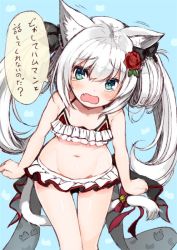Rule 34 | 1girl, alternate costume, alternate hairstyle, animal ears, arms at sides, azur lane, bell, bikini, blue eyes, cat ears, cat tail, clenched hands, flower, frilled bikini, frills, hair flower, hair ornament, hair ribbon, hammann (azur lane), hammann (rebellious summer) (azur lane), looking at viewer, minamura haruki, navel, ribbon, silver hair, simple background, solo, swimsuit, tail, tail bell, tail ornament, tail ribbon, tears, translation request, twintails