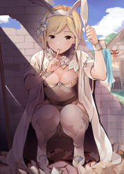Rule 34 | 1girl, alternate costume, animal ears, blonde hair, blue sky, breasts, breasts apart, broken wall, byte (allbyte), cape, closed mouth, cloud, day, djeeta (granblue fantasy), fake animal ears, finger to mouth, flower, full body, granblue fantasy, hair flower, hair ornament, hairband, hand on own ear, hand up, hiding, highres, house, leotard, looking at viewer, lyria (granblue fantasy), medium breasts, outdoors, rabbit ears, sage (granblue fantasy), short hair, shushing, sky, solo focus, squatting, vyrn (granblue fantasy), white cape, white legwear, wrist cuffs