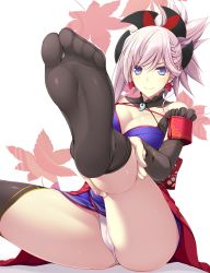 Rule 34 | 1girl, ass, bare shoulders, belt, black thighhighs, blue eyes, breasts, cameltoe, cleavage, fate/grand order, fate (series), feet, foot focus, foreshortening, hair ornament, highres, japanese clothes, kimono, legs, legs up, looking at viewer, miyamoto musashi (fate), miyamoto musashi (second ascension) (fate), no shoes, panties, pink hair, ponytail, ruton-niki, smile, soles, solo, thighhighs, thighs, toes, underwear, white panties