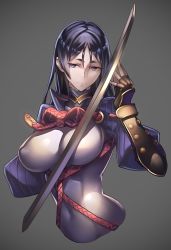 Rule 34 | bodysuit, breasts, covered navel, cropped torso, fate/grand order, fate (series), fingerless gloves, gloves, large breasts, long hair, low-tied long hair, minamoto no raikou (fate), parted bangs, purple bodysuit, purple eyes, purple hair, ribbed sleeves, rope, skin tight, solo, tef, very long hair