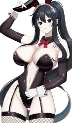 Rule 34 | 1girl, animal ears, arm up, armpit crease, bare shoulders, black eyes, black hair, black leotard, black thighhighs, blush, bow, bowtie, breasts, center opening, cleavage, closed mouth, commentary request, cowboy shot, detached collar, detached sleeves, fake animal ears, fishnet thighhighs, fishnets, fubuki (senran kagura), garter straps, gloves, gluteal fold, groin, hair between eyes, hairband, hand on own ear, high ponytail, highleg, highleg leotard, highres, large breasts, leotard, long hair, long sleeves, looking at viewer, navel, playboy bunny, ponytail, rabbit ears, red bow, red bowtie, senran kagura, senran kagura new link, sidelocks, simple background, solo, standing, stomach, surippa1010, thighhighs, unzipped, very long hair, white background, white gloves, white hairband, wrist cuffs
