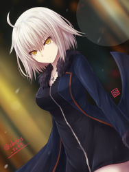 Rule 34 | 1girl, ahoge, blush, breasts, cleavage, collarbone, cowboy shot, dress, fate/grand order, fate (series), fur, fur trim, gradient background, haura akitoshi, jacket, jeanne d&#039;arc (fate), jeanne d&#039;arc alter (fate), jeanne d&#039;arc alter (ver. shinjuku 1999) (fate), jewelry, looking at viewer, medium breasts, messy hair, necklace, official alternate costume, short dress, short hair, silver hair, skin tight, smile, solo, thigh gap, thighs, yellow eyes, zipper