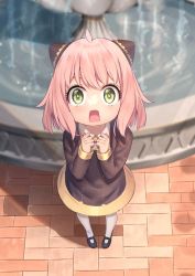 Rule 34 | 1girl, ahoge, anya (spy x family), black dress, blush, child, dress, fountain, green eyes, highres, kanikou, long hair, long sleeves, looking at viewer, open mouth, pink hair, solo, spy x family, symbol-shaped pupils
