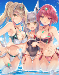 Rule 34 | 3girls, alternate costume, animal ears, bikini, blonde hair, blue sky, blush, breasts, cameltoe, cat ears, chest jewel, cleavage, day, highres, inoue takuya (tactactak), large breasts, locked arms, long hair, looking at viewer, multiple girls, mythra (xenoblade), navel, nia (blade) (xenoblade), nia (xenoblade), one-piece swimsuit, partially submerged, partially visible vulva, pyra (xenoblade), red eyes, red hair, ribbon, short hair, silver hair, sky, smile, sparkle, spoilers, swimsuit, thigh gap, wading, water, xenoblade chronicles (series), xenoblade chronicles 2, yellow eyes