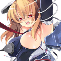 Rule 34 | 1girl, aburidashi zakuro, blonde hair, breasts, breasts out, leash, lowres, mecha musume, nipples, open mouth, original, red eyes, solo, tears, viewer holding leash