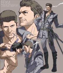Rule 34 | 2boys, brown hair, character name, cidolfus telamon, cigarette, clive rosfield, clothed male nude male, decoponmagi, final fantasy, final fantasy xvi, looking at viewer, male focus, multiple boys, muscular, muscular male, nude, open collar, open mouth, smoking, standing, sword, weapon