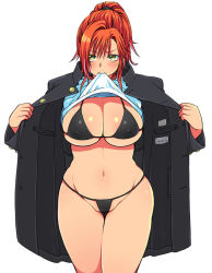 Rule 34 | 1girl, bikini, black bikini, blush, breasts, clothes lift, covered erect nipples, eroe, female focus, gakuran, green eyes, groin, large breasts, long hair, mouth hold, open clothes, original, ponytail, red hair, school uniform, shirt lift, simple background, solo, standing, swimsuit, underboob, white background, yellow eyes