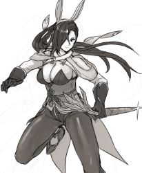 Rule 34 | 1girl, animal ears, breasts, carrot, cleavage, fake animal ears, fire emblem, fire emblem fates, fire emblem heroes, gloves, greyscale, hair over one eye, kagero (fire emblem), kagero (spring) (fire emblem), kamu (kamuuei), large breasts, leotard, long hair, monochrome, nintendo, official alternate costume, pantyhose, rabbit ears, simple background, solo, white background