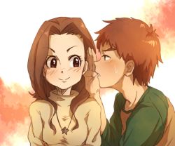 Rule 34 | 1boy, 1girl, bad id, bad pixiv id, brown eyes, brown hair, commentary request, digimon, digimon adventure, izumi koshiro, jewelry, long hair, looking at another, mimxxpk, necklace, open mouth, shirt, smile, tachikawa mimi