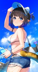 Rule 34 | 1girl, absurdres, arknights, arm strap, arm up, ass, bare arms, bare shoulders, bikini, black hair, blue hair, blue sky, bottle, breasts, cloud, commentary, cowboy shot, cutoffs, day, denim, denim shorts, eunectes (arknights), gradient hair, highres, holding, holding bottle, k@bu, large breasts, looking at viewer, multicolored hair, pointy ears, shorts, sky, smile, snake tail, solo, standing, swimsuit, tail, white bikini, white headwear