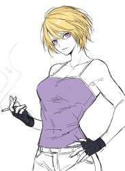 Rule 34 | 1girl, blonde hair, breasts, camisole, cigarette, commentary, fingerless gloves, gloves, hair between eyes, hand on own hip, head tilt, holding, holding cigarette, limited palette, looking at viewer, medium breasts, original, parted lips, purple camisole, purple eyes, short hair, simple background, solo, toned, waka (shark waka), white background