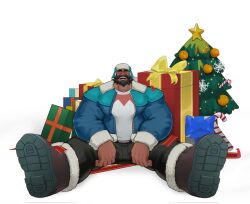 Rule 34 | 1boy, bara, beard, boots, box, christmas, christmas tree, closed eyes, dark-skinned male, dark skin, facial hair, foreshortening, full body, gift, gift box, graves (league of legends), happy, highres, jacket, large hands, large pectorals, laughing, league of legends, male focus, mature male, muscular, muscular male, mustache, pectorals, short hair, solo, spread legs, stf4456, thick beard, thick eyebrows, winter clothes