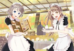 Rule 34 | 2girls, apron, cafe, coffee, cure maid cafe, grey hair, hinomoto souya, in-franchise crossover, love live!, love live! school idol project, love live! sunshine!!, maid, matching outfits, minami kotori, multiple girls, tea set, trait connection, watanabe you, wonder zone