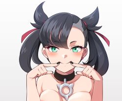 Rule 34 | 1girl, black choker, black hair, black nails, blush, breast press, breasts, choker, collarbone, commentary, creatures (company), earrings, eyelashes, fingersmile, game freak, green eyes, grey background, hair flaps, hair ribbon, hands up, highres, index fingers raised, jewelry, looking at viewer, marnie (pokemon), medium breasts, medium hair, nbjdrawing, nintendo, no shirt, pokemon, pokemon swsh, red ribbon, ribbon, smile, solo, twintails, upper body